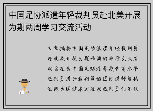 中国足协派遣年轻裁判员赴北美开展为期两周学习交流活动