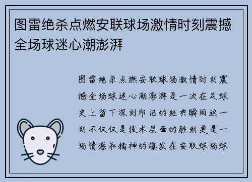 图雷绝杀点燃安联球场激情时刻震撼全场球迷心潮澎湃